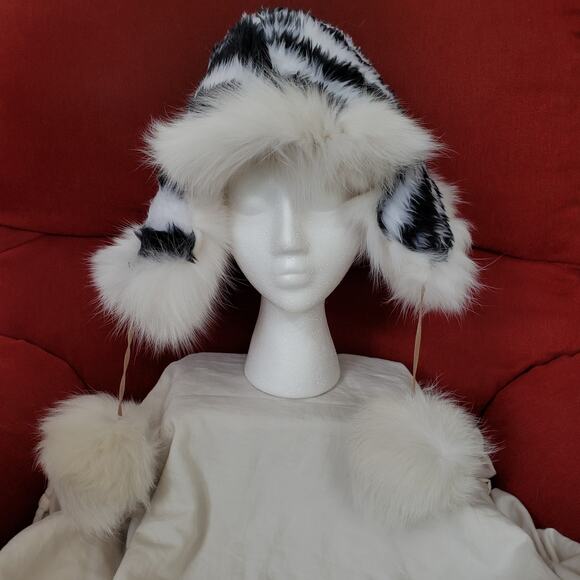 White Mink Reversible Trapper Hat Zebra Design Interior Pom Poms Leather Strap main image 9